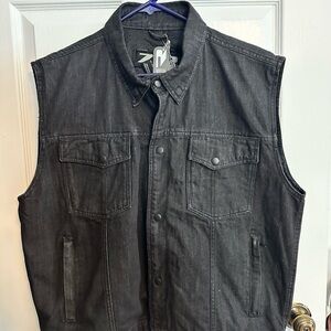Z1R Men's Black Denim Vest with Snap-Front with Zipper and Chest Pockets